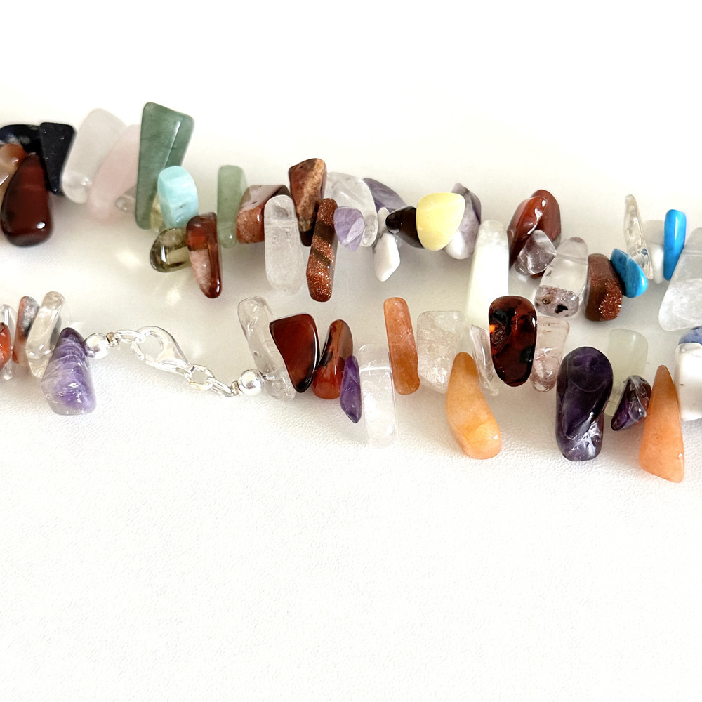 Vintage 925 Sterling Silver Multi Gemstone Nugget Chunky Statement Necklace 36" - Picture 12 of 14